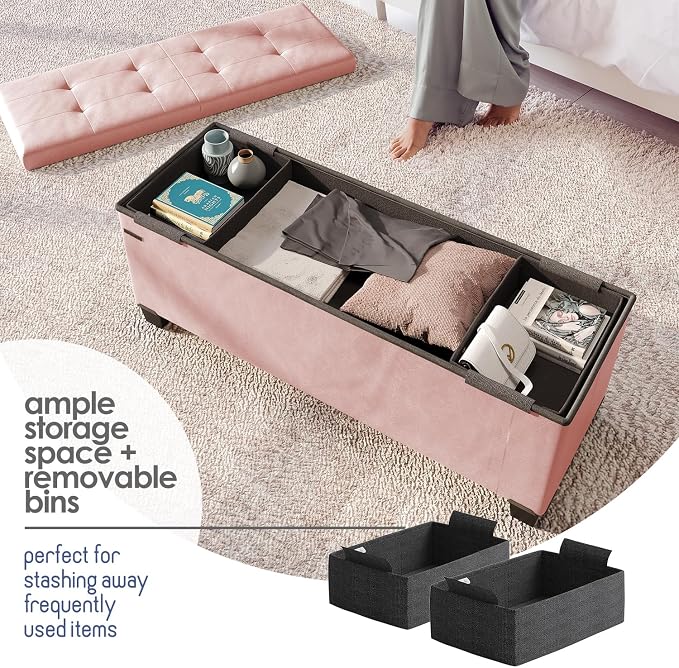 Storage Ottoman Bench with Bins, 43-in Storage Bench for Bedroom End of Bed, Folding Foot Rest Ottoman for Living Room Max 660lbs, Leather Ottomans, Pink - Image 3