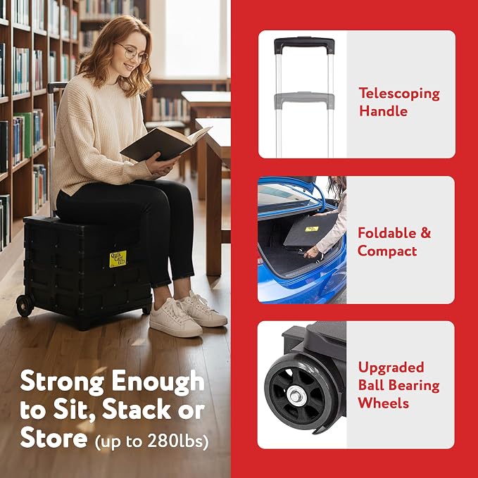 dbest Products Quik Cart Pro Collapsible Rolling Crate on Wheels - Black | Roll Up to 120 lbs Capacity, Heavy Duty Plastic Construction, Telescoping Handle, Folding Utility Cart - Image 8