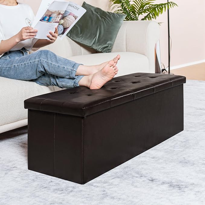 PINPLUS Folding Storage Ottoman Bench, Brown Faux Leather Long Storage Chest Footstool Seat, Bench for Bedroom and Hallway, 43.3"x15.7"x15.7" - Image 6