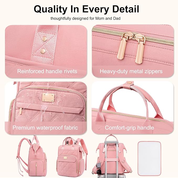 Diaper Bag Backpack Travel Diaper Backpack, Large Baby Diaper Bag with Changing Pad Baby Bag for Boys Girls, Insulated Pockets, Waterproof Baby Backpack for Mom & Maternity (Pink) - Image 6