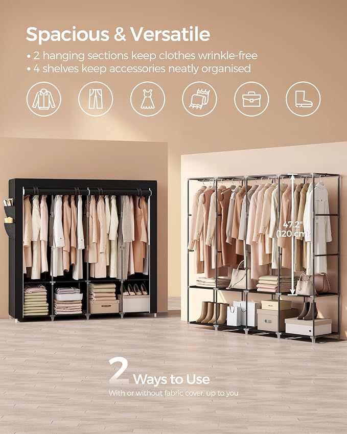 SONGMICS Portable Closet, Wardrobe Closet Organizer with Cover, 4 Hanging Rods and Shelves, 4 Side Pockets, 17.7 x 66.9 x 65.7 Inches, Large Capacity for Bedroom, Living Room, Ink Black URYG094B02 - Image 4