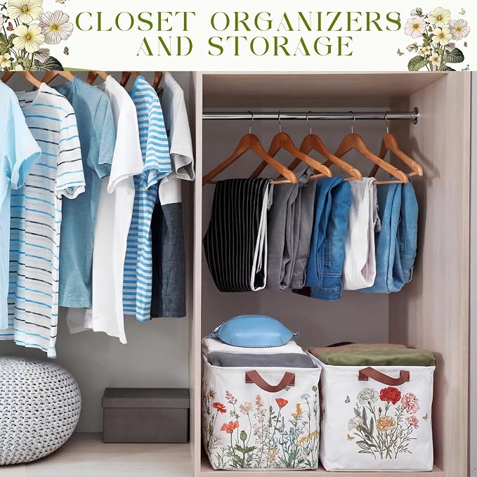Fourluoo 6 Pack Floral Storage Basket with Handles Clothes Storage Basket Bin Foldable Box Bins Organizer for Closet Shelf Nursery Kid Room Book Toy Chest(6,Wildflower) - Image 4