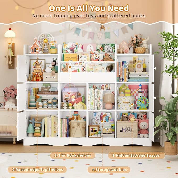 Toy Organizers and Storage with 10 Cubbies and 4 Tier Bookshelf | 55" Large Kids Bookshelf Toy Organizers and Storage with Raised-Edge Top Shelf, Playroom Storage and Toy Chest, White - Image 6