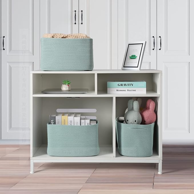 XUANGUO Woven Cotton Rope Storage Baskets 15x10x9.3" 3 Pack Green | Decorative rectangular storage baskets for shelves and closets; storage bins organize clothes, toys, books and nursery items. - Image 5