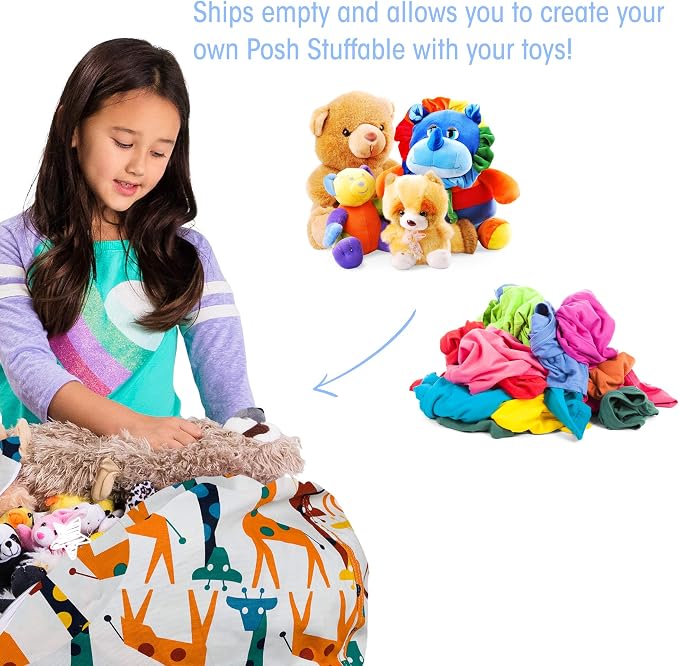 Posh Creations Stuffable Kids Stuffed Animal Storage Bean Bag Chair Cover - Childrens Toy Organizer, Medium-27 - Canvas Giraffes on White - Image 2
