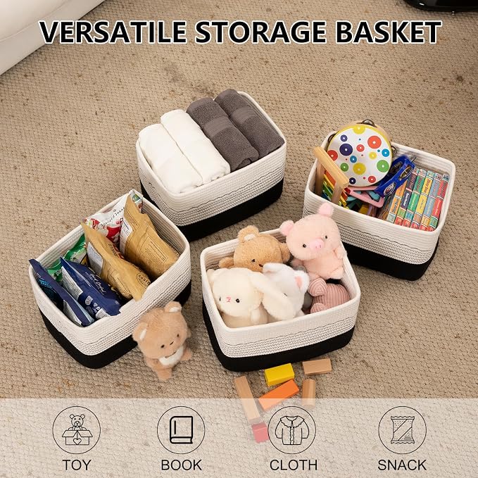 OIASKET 4 Pack Storage Baskets for Organizing, 13"X9"X7.87", Decorative Cotton Rope Baskets for Shelves, Small Woven Basket for Toys, Books and Towels, Black & White - Image 2