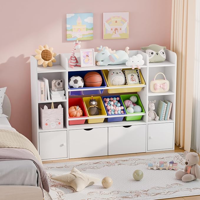 Xilingol Kids Storage Organizer W/6 Removable Bins, 4-Tier Organizers W/6 Storage Cubbies and 2 Movable Drawers, Kid Bookshelf and Storage for Playroom, Bedroom, Kids Room (Multicolor) - Image 3