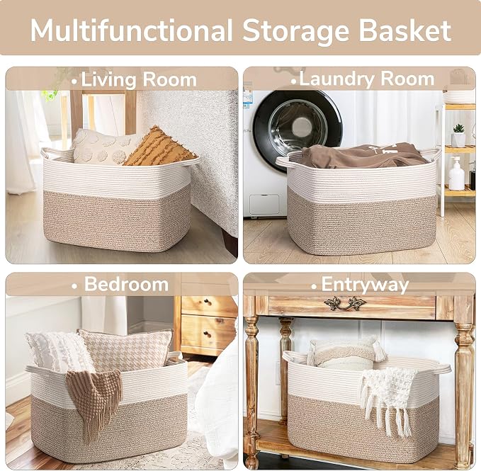Goodpick 85L Large Woven Rope Blanket Basket, White & Light Brown | 23.6'' x 15.7'' x 13.8'' Storage Basket for Blankets, Toys & Clothes, Nursery & Bedroom Organization, Reinforced Handles - Image 4