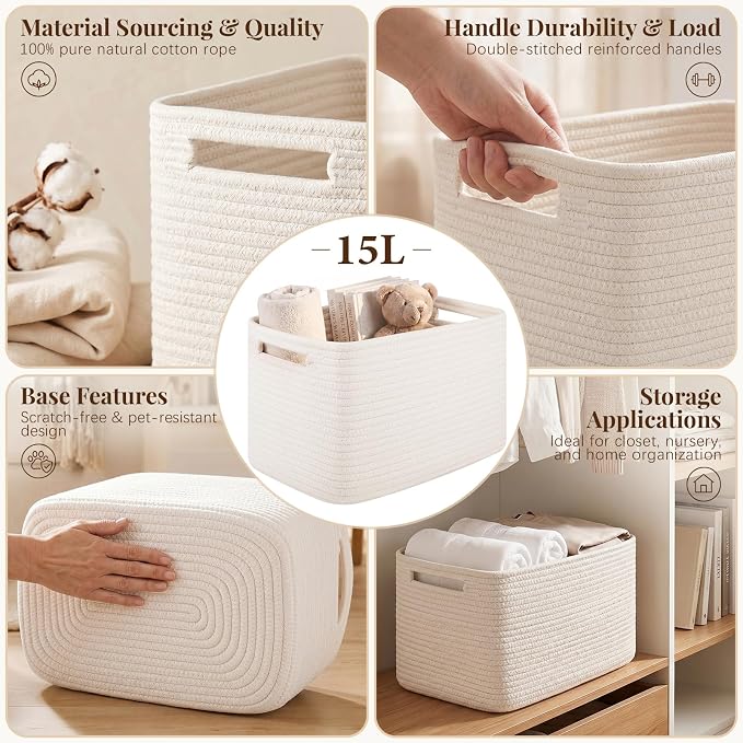 OIASKET 4Packs Natural Cotton Rope Storage Baskets for Organizing Toys, Clothes, Towels & Books, Soft Versatile Organizers for Shelves, Home Decorative Bins, 13''Lx9''Wx7.8''H, White - Image 3