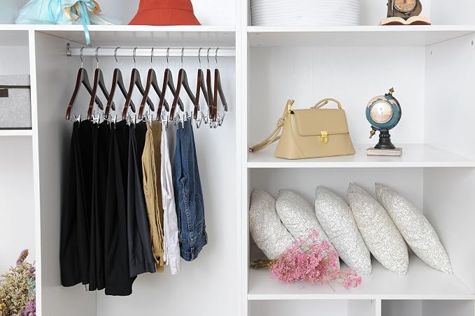 Quality Wooden Skirt Hangers with Clips Smooth Solid Wood Pants Hangers with Durable Adjustable Metal Clips, Swivel Hook, Coat, Jacket, Blouse Suit Hangers (Walnut - Chrome Hook, 20) - Image 3