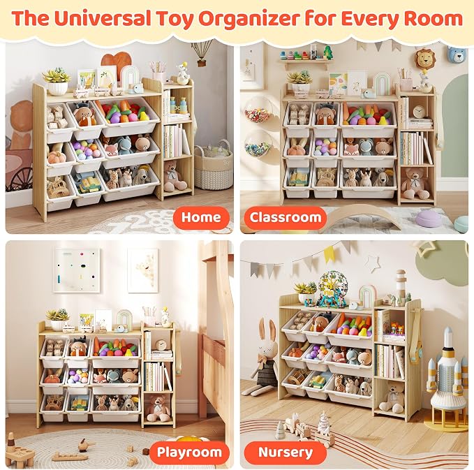DOREROOM Toy Storage Organizer with Bookshelf, Kids Toy Storage and Organizers with 3 Shelves/9 Bins/3 Hooks, Bin Shelf, Toy Organization for Playroom, Nursery, Bedroom, Toddler Room | Wood & White - Image 7