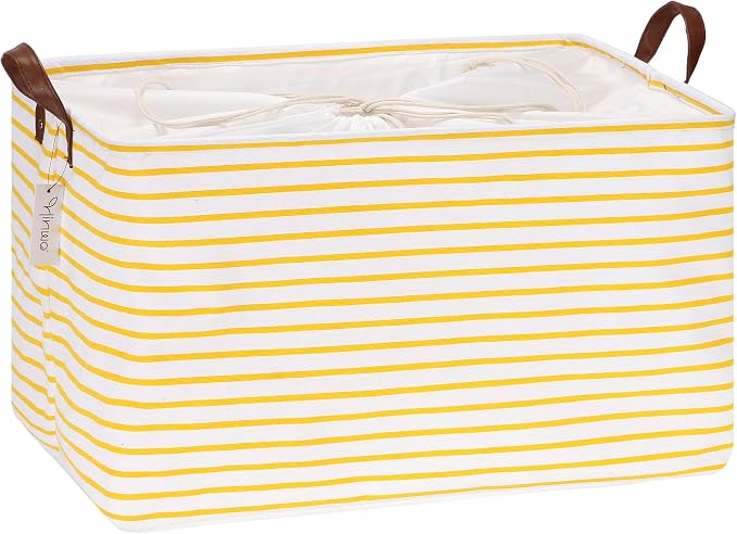 Hinwo 70L Extra Large Canvas Storage Bin with Lid and Handles | Collapsible Fabric Basket, Closet Shelf Organizer, Container for Clothing, Blankets, Toys, Bedding (Yellow Stripe) by Hinwo