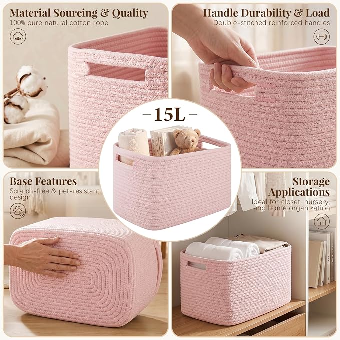 OIASKET 4Packs Natural Cotton Rope Storage Baskets for Organizing Toys, Clothes, Towels & Books, Soft Versatile Organizers for Shelves, Home Decorative Bins, 13''Lx9''Wx7.8''H, Pink - Image 3