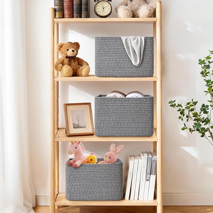 Storage Baskets for Organizing, 4 Pack Baskets for Shelves, Decorative Storage Bins for Shelves, Cotton Rope Storage Basket with Handles, Woven Basket for Storage, 13''Lx8.7''Wx7.9''H, Gray - Image 2