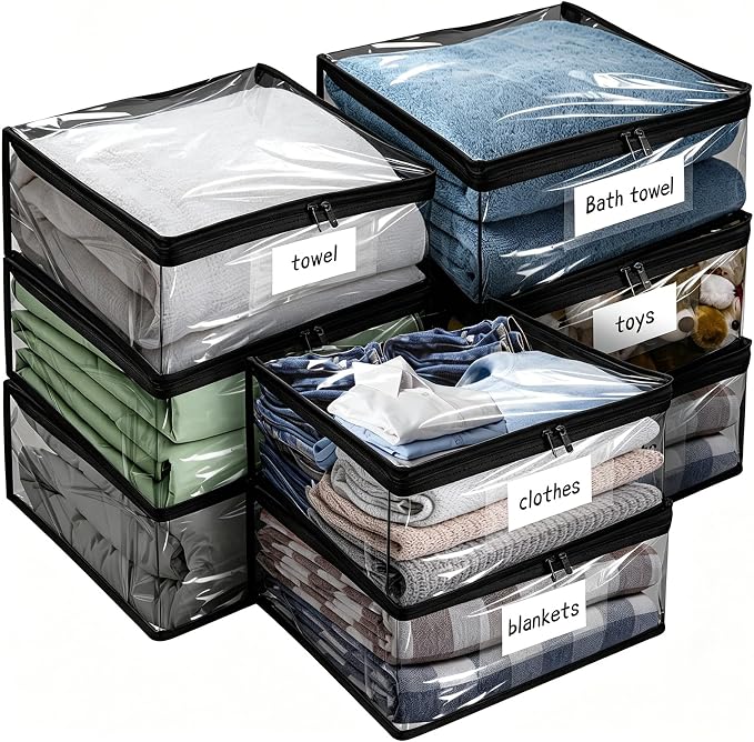 Plastic Storage Bags with Easy-Glide Zipper, Pack of 8, Durable Clear Vinyl Zippered Storage Bags for Clothes Sweaters Comforters Blankets Sheets Bedding (14.2 x 12 x 3.2 Inch, Transparent Black) by Kikerike