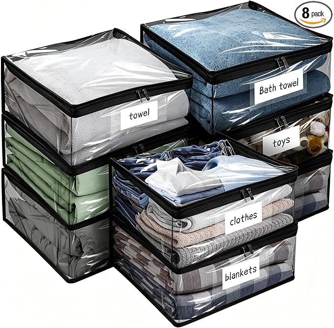 Plastic Storage Bags with Easy-Glide Zipper, Pack of 8, Durable Clear Vinyl Zippered Storage Bags for Clothes Sweaters Comforters Blankets Sheets Bedding (15 x 12 x 5 Inch, Transparent Black) by Kikerike