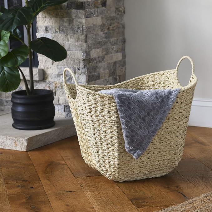 Household Essentials Cream Paper Rope Basket with Handles, Natural Woven Storage Basket - Image 5