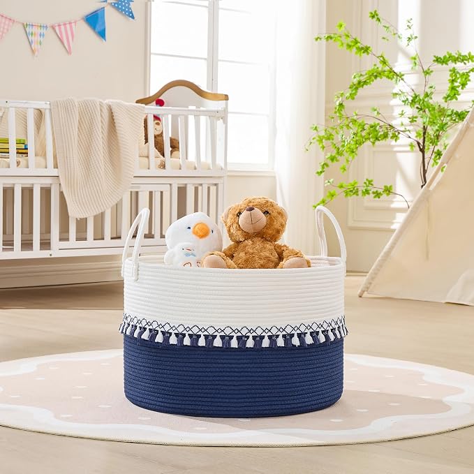KAKAMAY Large Blanket Basket with Handles, Storage Basket for Living Room | Extra Large Capacity | Natural Cotton Rope | Blanket Storage | Woven Storage Basket | Stuffed Animal Storage | Laundry Basket - Image 2