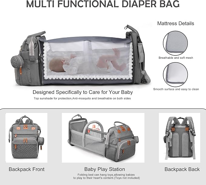 Diaper Bag Backpack with Changing Station, Waterproof for Travel, Gray - Image 4