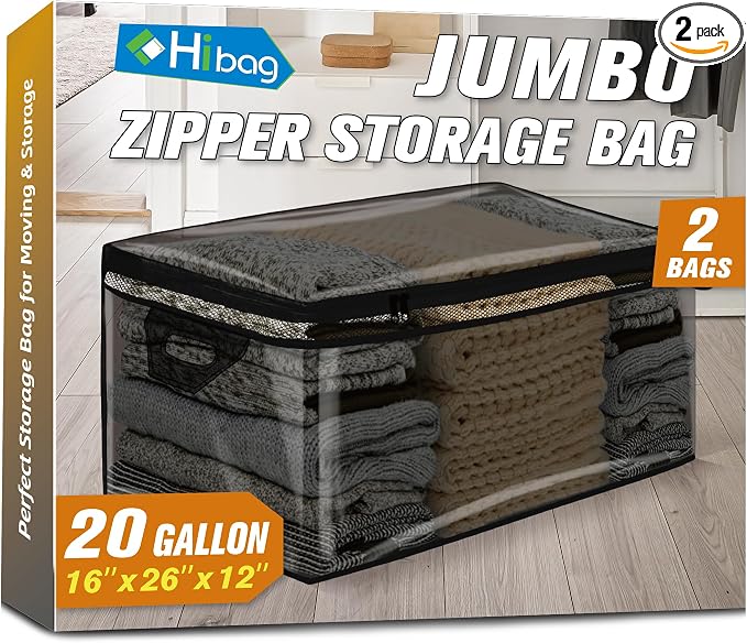 HIBAG 20 Gallon Large Storage Bag for Clothes, Zipper Clothing Storage Bag Organizer with Handles, for Comforters Blankets Pillows Bedding (Black, 2 Pack) by HIBAG