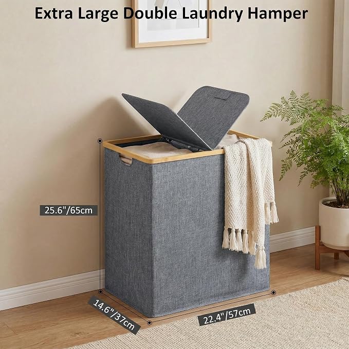 efluky Laundry Hamper with Lid, Double Laundry Basket with 2 Removable Bags, 2 Section Laundry Bin with Bamboo Handles for Bathroom, Bedroom & Laundry Room, 140L (36.9 Gallon) Blue Grey - Image 2