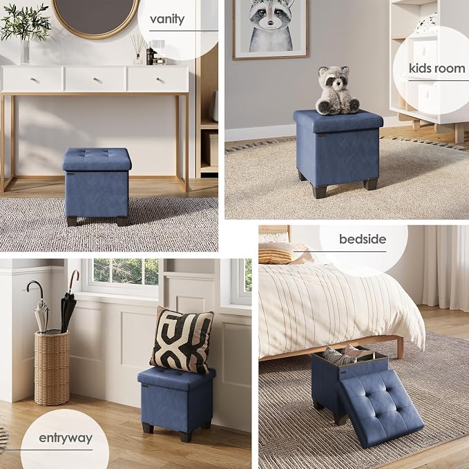 Storage Ottoman Cube with Small Bin, 15-in Square Ottoman with Storage for Living Room and Bedroom, Small Ottomans Foot Rest, Leather Foot Stools Ottomans Max 330lbs, Blue - Image 4
