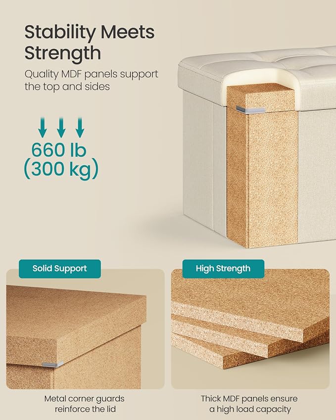 SONGMICS MAZIE Collection - 43 Inches Folding Storage Ottoman Bench, Ottoman Foot Rest, End of Bed Bench, Storage Chest, Load 660 lb, for Living Room, Bedroom, Entryway, Cream White ULSF77BE - Image 4