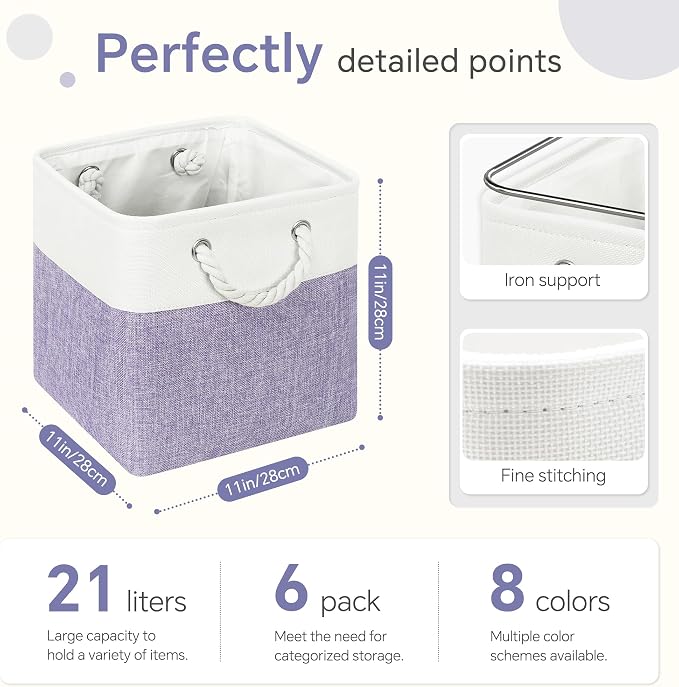 FinishingBo 11 inch Cube Storage Bin with Handles 6 Pack | Foldable Basket, Fabric Storage Bins, Closet Storage, Home Organizer (White/Purple) - Image 4