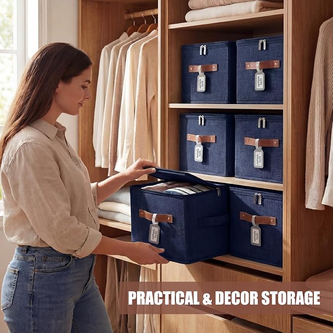6 Pack Fabric Closet Storage Bins with Zipper Lids and Label, 10×8×7In Large Size Foldable Cotton Linen Storage Cubes Boxes with PU Leather Handles Holders for Bedroom, Nursery, Dark Blue - Image 6