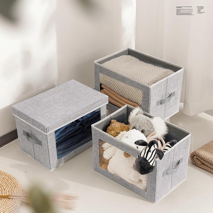 Fabric Storage Bins with Lids - 3 Packs Storage Cubes with Window, Foldable Storage Baskets Bins for shelves, Closet Storage Boxes for Towels, Clothes, Home, Office, Blended - Image 4