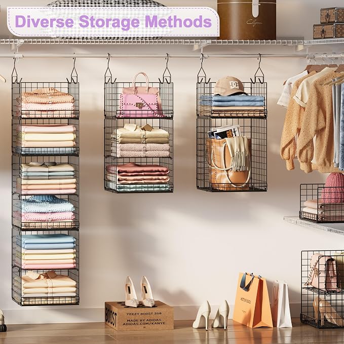 6 Tier Hanging Closet Organizers and Storage Stackable Hanging Closet Shelves with 4 Hooks 2 Adjustable Dividers, Wire Storage Basket Bins for Clothing Purse Sweaters Shoes Socks Dolls, Foldable - Image 2