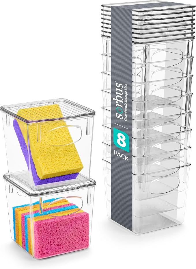 Sorbus Small Clear Plastic Storage Bins with Lids, Clear Stackable Storage Bins, Laundry Room Organizer Bins, Office, Classroom, Playroom, Bathroom, Laundry Room Organization and Storage (8 Pack) by Sorbus