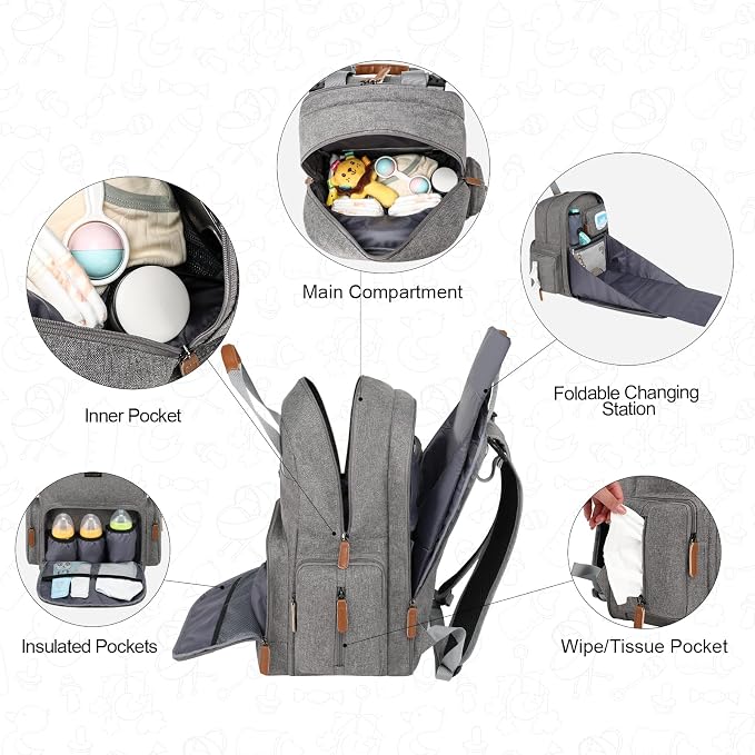 Diaper Bag Backpack with Changing Station, Baby Diaper Organizer Travel Bag | Large Capacity Diaper Bag for Moms Dads - Fold Out Changing Pad, Insulated Pockets, Stroller Straps, Baby Eessentials - Image 5