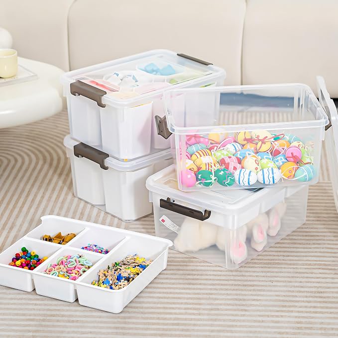 Citylife 17QT 4Packs Clear Craft Organizers and Storage Bins with Lids | Stackable Art Supply Organizer with Tray and 6 Inserts for Markers, Crayons, Pencils, Tools, Playdoh, Coloring Books - Image 8