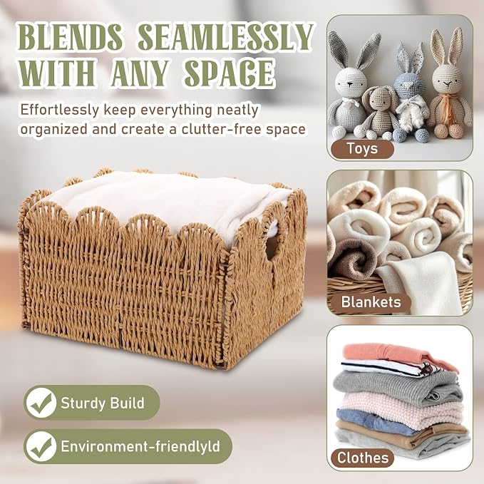 Leinuosen 4 Packs Scalloped Wicker Storage Basket Paper Rope Pantry Baskets for Shelves Organizing Toilet Paper Foldable Rattan Cube Storage Bins Boho Organizer Bins for Home, 13 x 11 x 7.9 Inches - Image 3