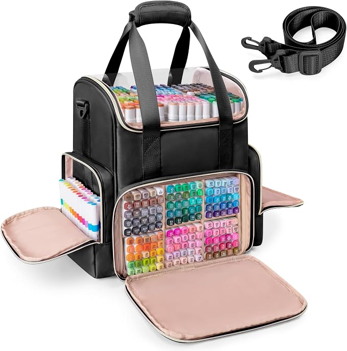 Rexmica Double Layer Marker Organizer Bag for 400 Markers, Black | Inner Dividers, Shoulder Strap, Large Marker Storage Case for Art Marker/Coloring Book/Painting Supplies, Patented Design by Rexmica