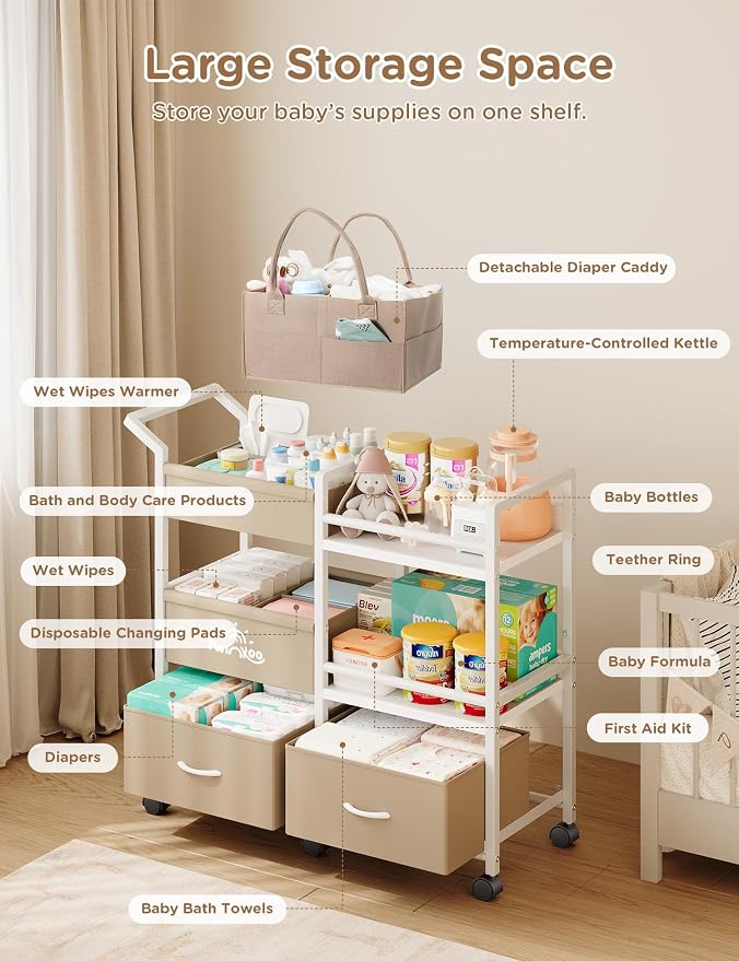 Twinkoo Baby Diaper Caddy Organizer, 3 Tier Rolling Cart | Tiered Modular Configuration, 66 lbs Capacity, Rolling Wheels, Dipaer Bag, Nursery Newborn Essentials, Easy To Assemble - Image 2