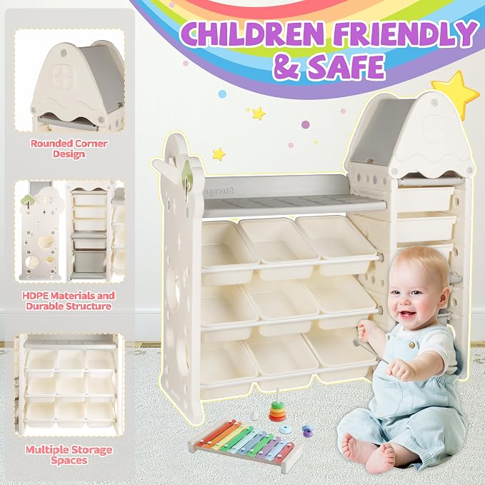 4-Tier Kids Toy Storage Organizer with 14 Removable Toy Bins | Toy Bins for Kids Organizer Made of High-Density Polyethylene with Smooth Rounded Edges for Safe and Stable Toy, Book Storage - Image 4
