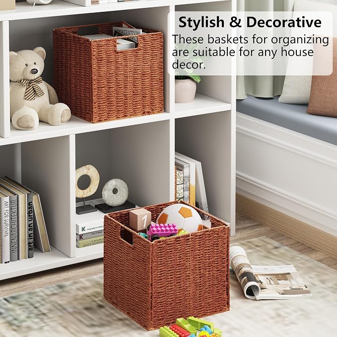 Wicker Storage Basket, Set of 2 Hand-Woven Paper Rope Wicker Basket, Foldable Cube Storage Bins, Square Large Storage Baskets for Organizing Shelves & Decor, Orange (13″×13″×13″) - Image 8