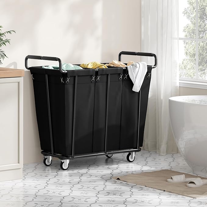 Gewudraw 3 Section Heavy Duty Laundry Sorter Cart with Wheels, 360L, Black | Rolling Laundry Hamper Sorter Cart, Extra Large Laundry Clothes Hamper, Laundry Basket Organizer for Bathroom, Bedroom, Hotel - Image 3
