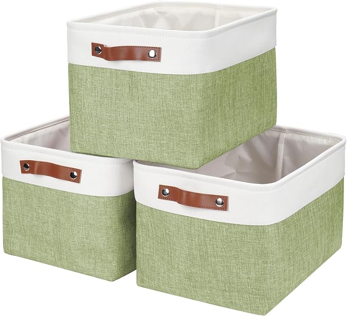 Storage Bins Large Fabric Storage Baskets for Shelves 3 Pack, Decorative Linen Closet Baskets with Handles for Organizing, Shelf, Clothes, Home, Office, 15x11x9.5Inches (Green&White) by Bagnizer
