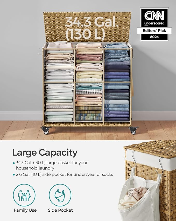 SONGMICS Rolling Laundry Hamper with Lid, 140 L 3-Section Synthetic Rattan | Laundry Basket with Wheels, Removable Liner, 26 x 13 x 26 Inches, Natural, ELIOTT Collection ULCB363N01 - Image 7