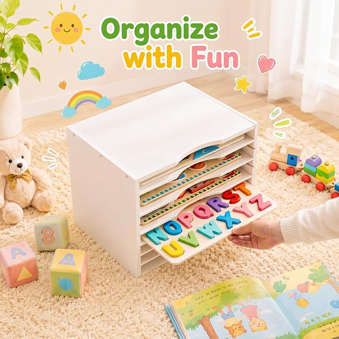 Ripeng 2 Pack 7-Tier Bamboo Puzzle Holder Rack, Adjustable Storage Organizer for Flat and Thick Jigsaw Puzzles, Space Saving Desktop Shelf, Gift for Craft Jigsaw Puzzle Lovers (White) - Image 8
