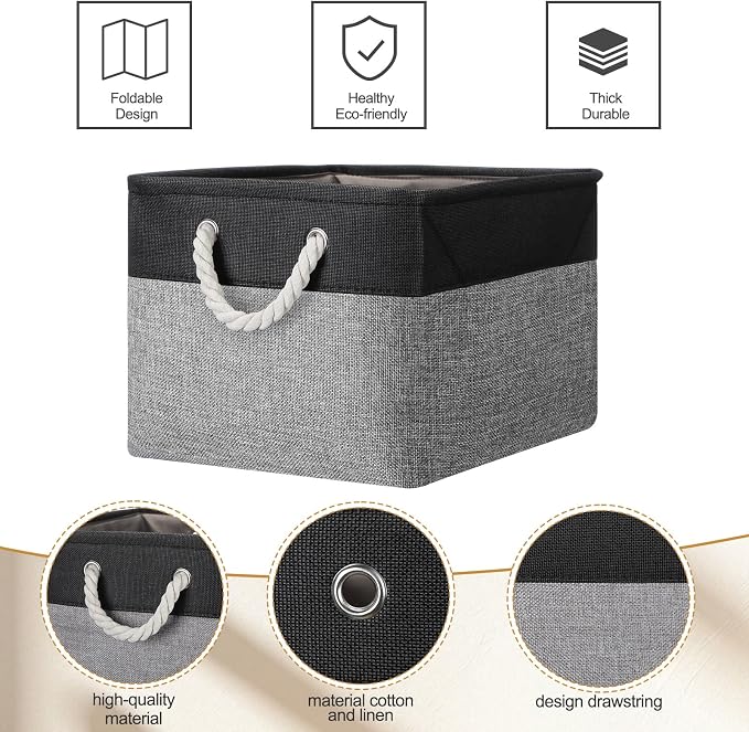 FoldTier 10 Pack Large Collapsible Fabric Storage Baskets with Handles Decorative Storage Bins for Organizing Shelves Toys Clothes(Black & Gray,16 x 12 x 10 Inches) - Image 3
