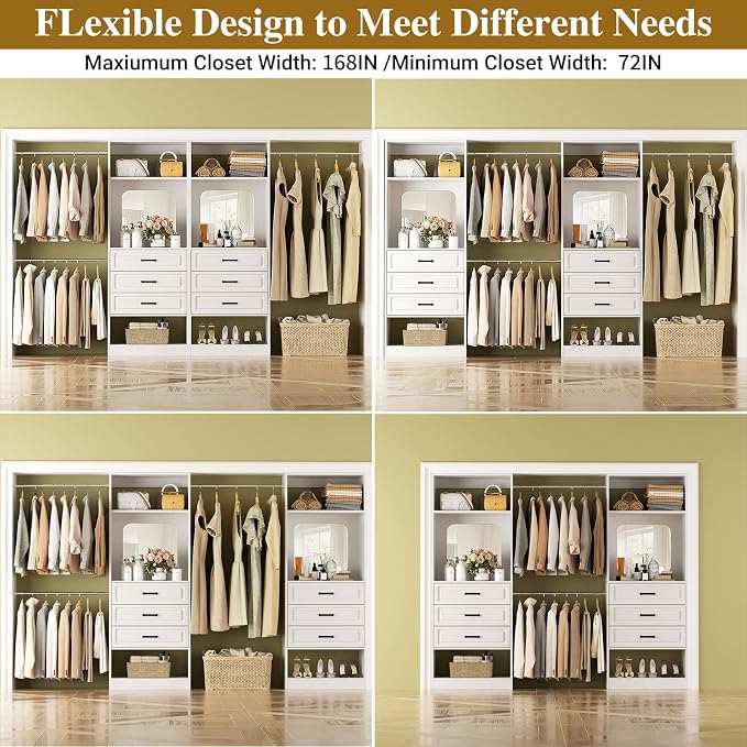 Unikito 6-14FT Wood Closet System with 6 Drawers and Mirror, White | Sturdy walk-in organizer wardrobe for clothing, clothes rack with 3 hanging rods, freestanding garment storage tower. - Image 3