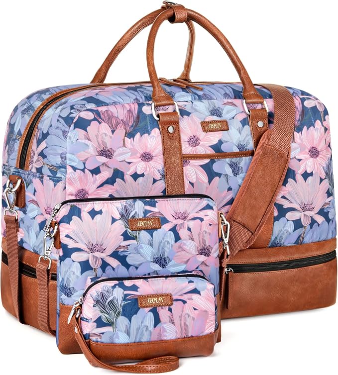 Weekender Bag for Women, Large Overnight Bag Canvas Travel Duffel Bag Carry On Tote with Shoe Compartment 21" 3Pcs Set by IBFUN