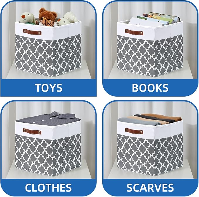 Temary Cube Storage Bins 13x13 - 4 Pack Cube Storage Bins for Shelf with Handles (Grey Lattice) - Image 4