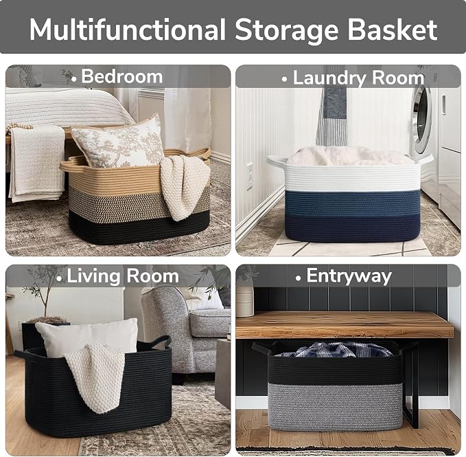 Goodpick Large Woven Rope Blanket Basket, Rectangle, Black & Gray | 21.6'' x 14.9'' x 11.8'' Storage Basket for Toys & Nursery Essentials, Living Room & Bedroom Organization, Reinforced Handles - Image 4