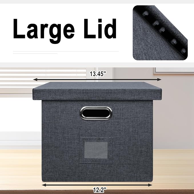 Storage Bins With Lids Office Organization File Folder Organizer Boxes | Dark Gray, 2 Pack, 15.1" * 12.2" * 10.04", Built-In Handle, Collapsible, Stackable, Dustproof, Linen Fabric, Cardboards - Image 4