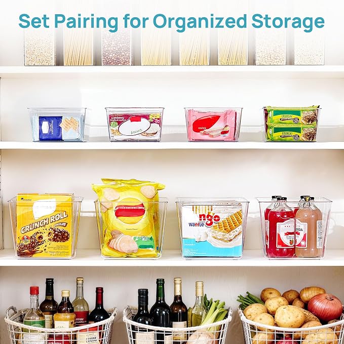 Vtopmart 8 Pack Clear Storage Bins Set for Pantry Organizer | 4 Large Pantry Bins with Handle and 4 Medium Snack Organizer Bins with 4-Compartment for Pantry, Kitchen, Fridge, Cabinet - Image 3